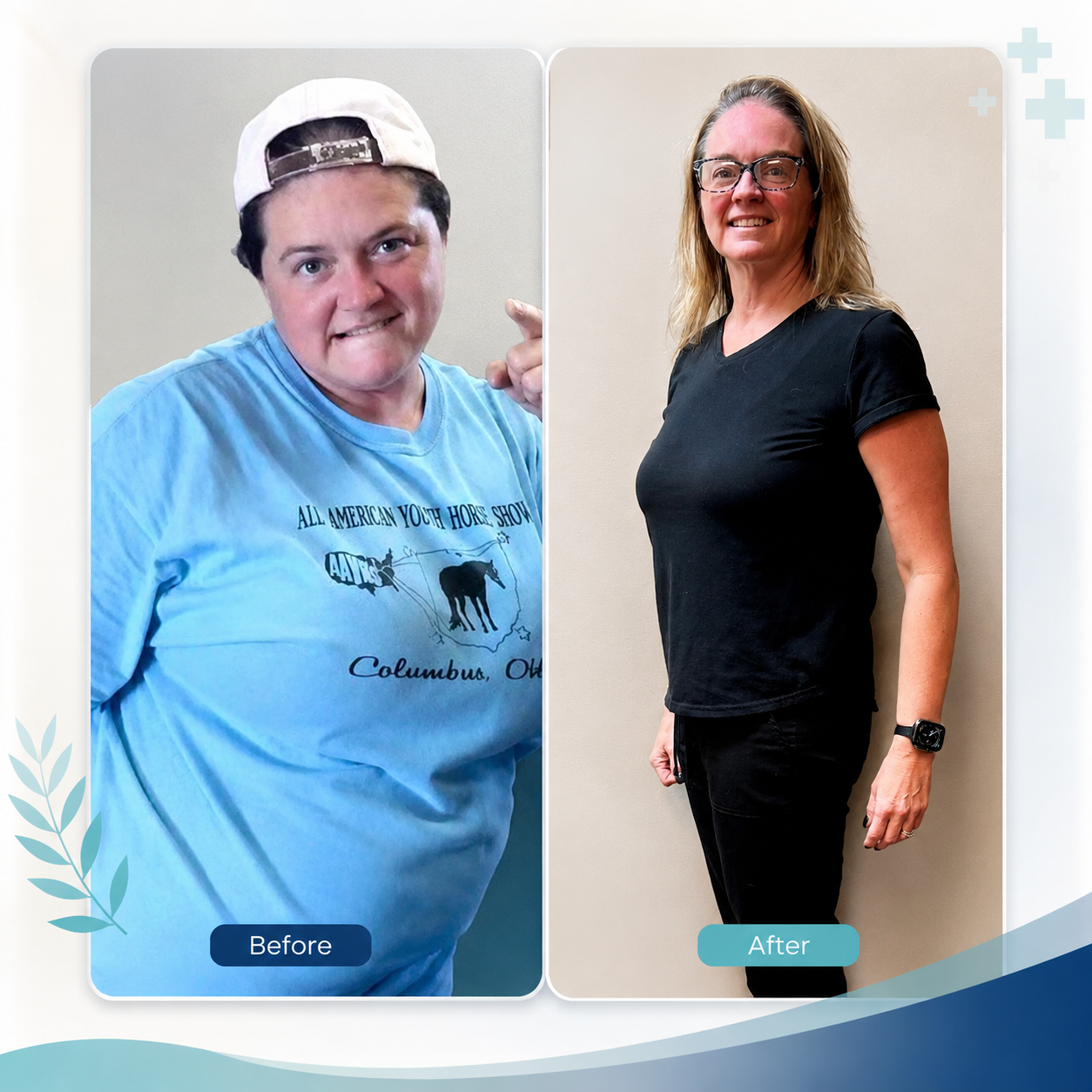 Angela Jayes, NP before and after health journey photo