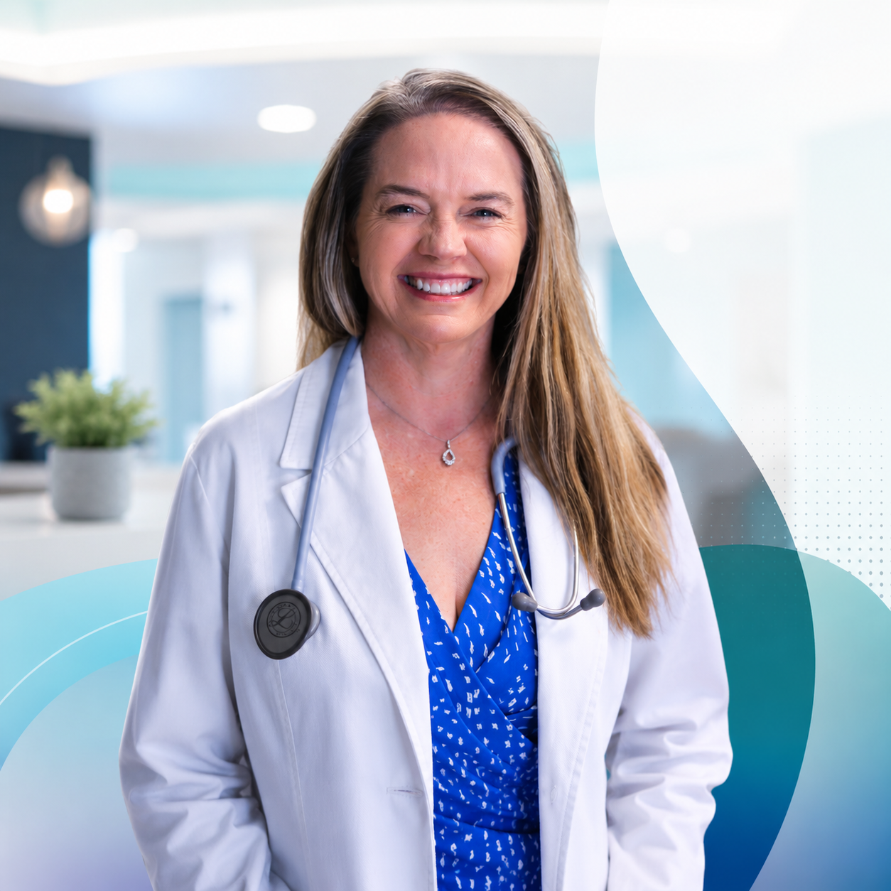 Angela Jayes, NP smiling in a modern clinic setting