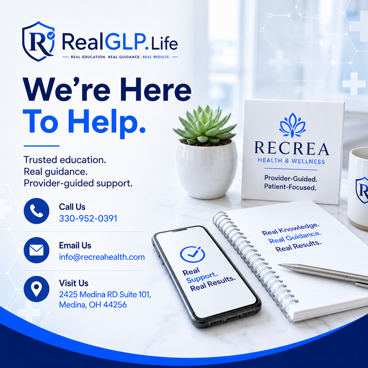 RealGLP.Life contact image showing virtual healthcare consult scheduling with navy and medical blue brand colors
