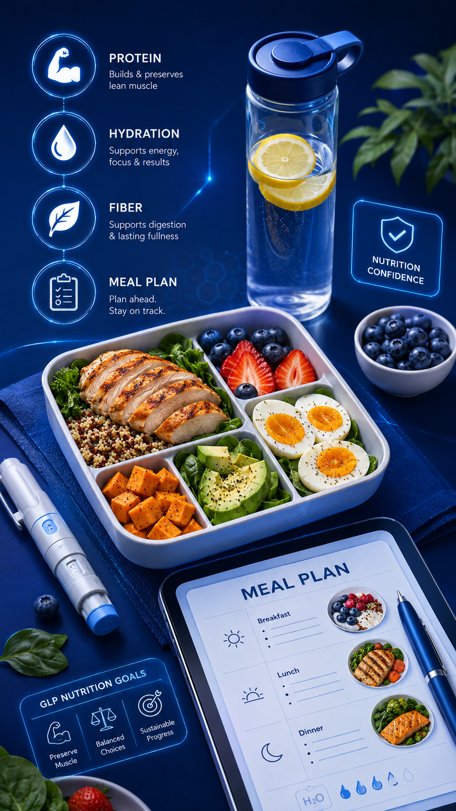 GLP Nutrition graphic with chicken meal eggs and lemon water