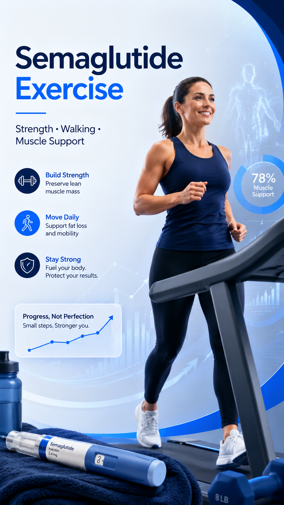 Semaglutide exercise education image showing walking, strength training, muscle support, hydration, and RealGLP.Life navy and blue colors