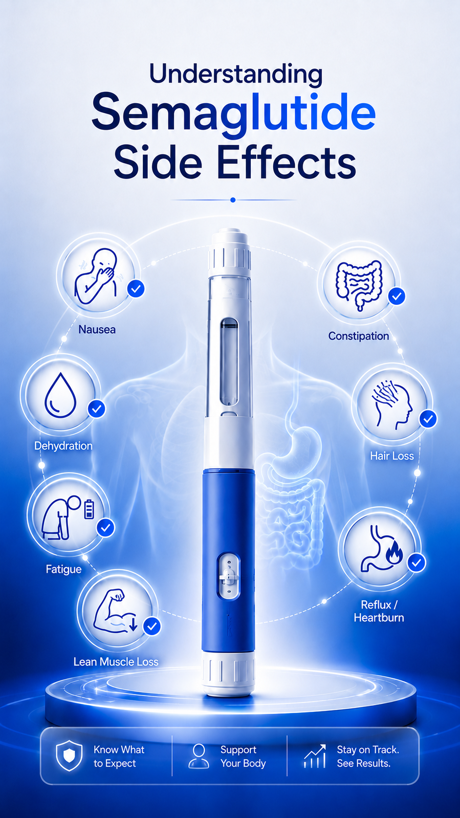 Semaglutide side effects education image with nausea, constipation, reflux, hydration, and RealGLP.Life navy and blue brand colors